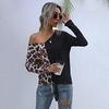 Womens Casual V-Neck Knit Sweater With Leopard Print Patchwork Long Sleeve Loose Fit Cotton Blend Fall Winter Top