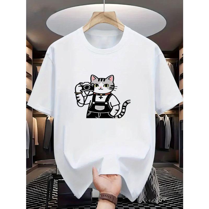

European sizes Men S T-Shirt Featuring a Cartoon Photography of a Cat with The Slogan Cute Snapshots , Adult Animal Print Short Sleeve 4XL білий