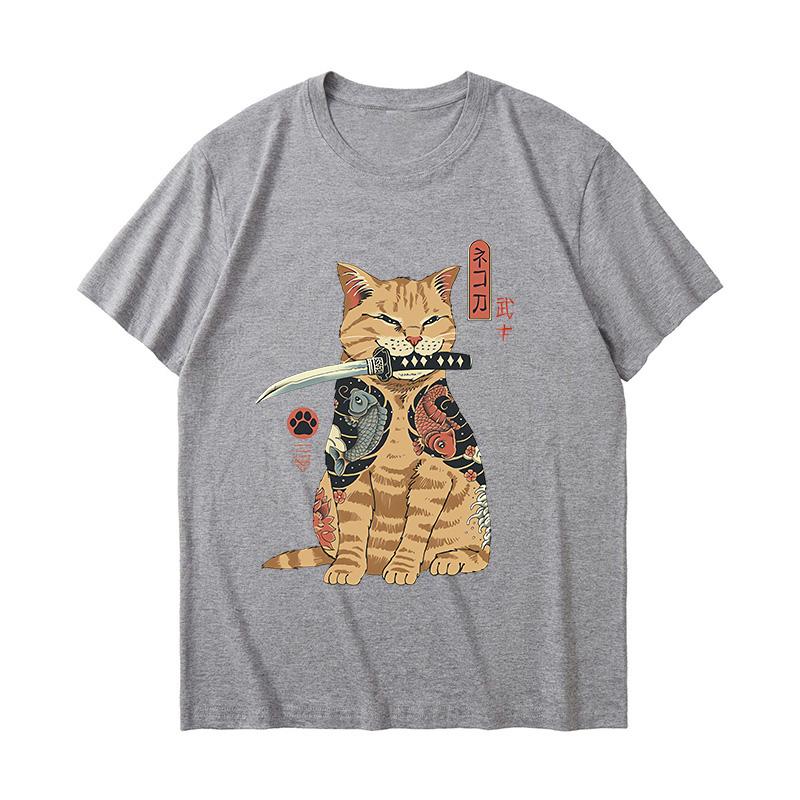 Funny Cotton Japanese Samurai Cat T Shirt Lover T Shirts Cat T-Shirts Retro Casual Short Sleeve Tshirt Unisex Women Clothes
