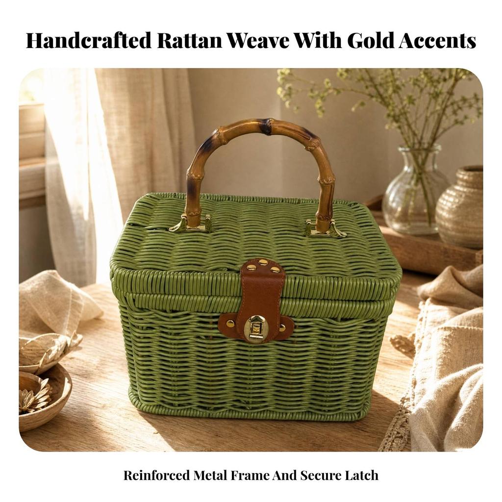 Rectangular Lidded Wicker Basket Sturdy Woven Container with Handle Easy