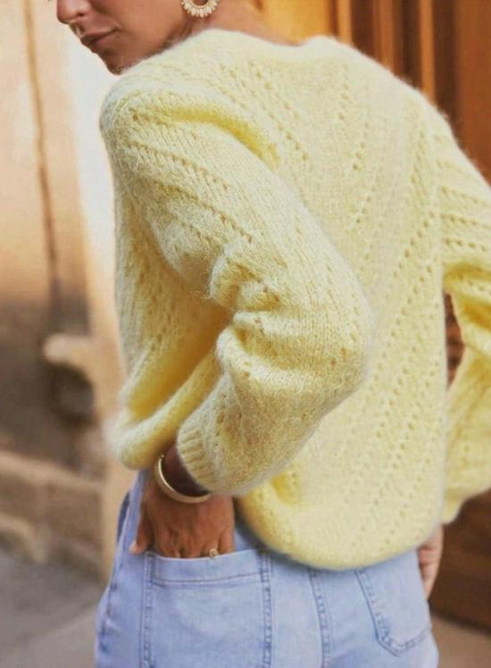 Damen V-Ausschnitt Mohair Cardigan - Langarm, Lochmuster, einfarbige Basis für Frühling & Herbst