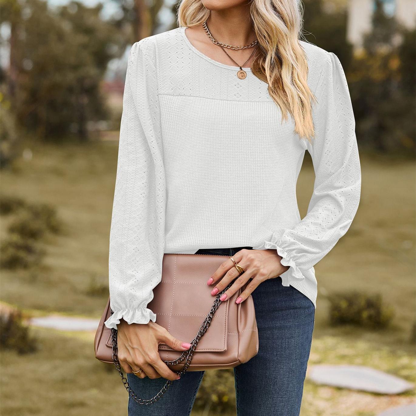 JKASHDK женские модные повседневные летние весенние однотонные блузки и рубашки с круглым — фото 6