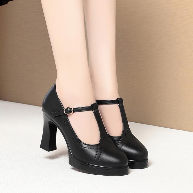 One-word Buckle Single Shoes Women's Summer New Thick Heel Model Catwalk Shoes Commuter Waterproof Table Leather Shoes Black