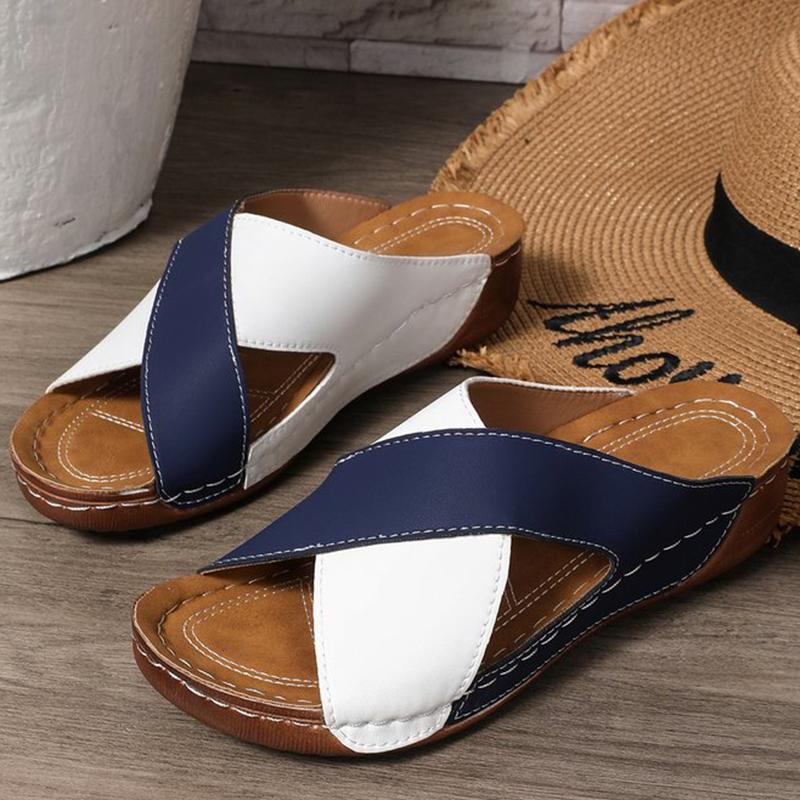 

Fashion Summer Leather Wedge Slippers for Women 2025 Non-Slip Cross Strap Platform Woman Slides Soft Bottom Plus Size Women Slippers 36 синий