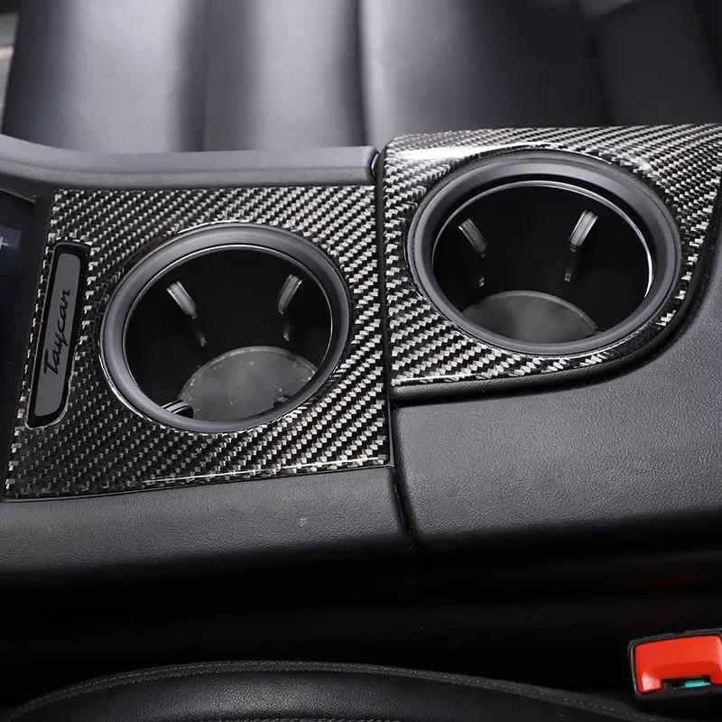 Soft Carbon Fiber Car Central Cup Holder Cover Decorate Sticker Interior Car Accessories For Porsche Taycan 2019-2025 (LHD RHD)