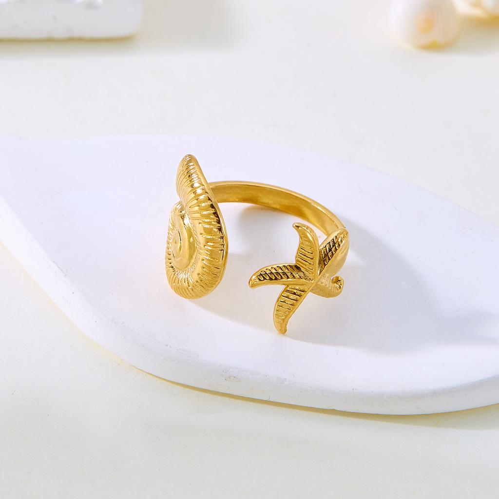 Stainless Steel Shell Rings For Women Vintage Gold Color Starfish Conch Adjustable Finger Ring Summer Ocean Beach Party Jewelry