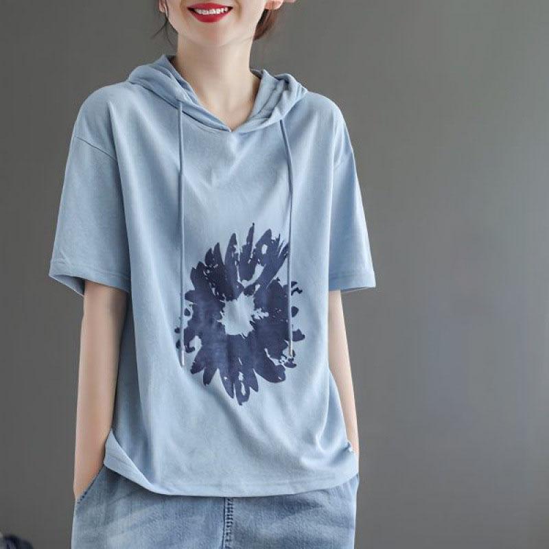 Fashion Cotton Printed Short Sleeve Hoodie Women Oversize Hooded Sweatshirt