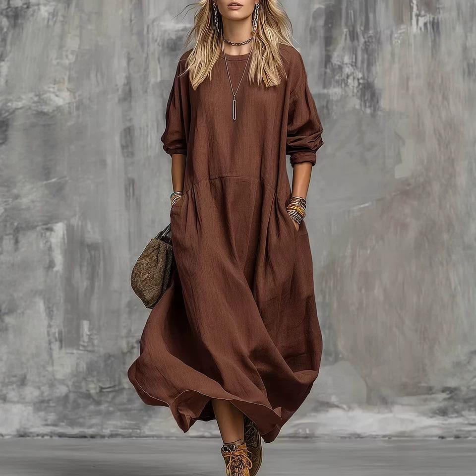 European and American autumn solid color casual vacation style round neck long sleeve pocket cotton and linen blend dress
