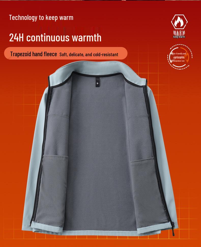 Fleece-Lined Softshell Stand-Up Collar Windbreaker with Logo Embroidery for Autumn/Winter Workwear