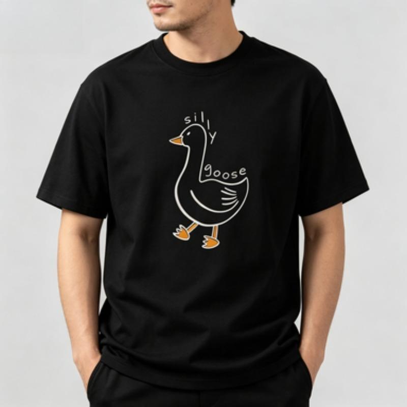 Cute Silly Goose Graphic Unisexs Cotton Crew Neck Tee Minimalist Line Drawing Soft Daily Regular Fit Unisexs Top