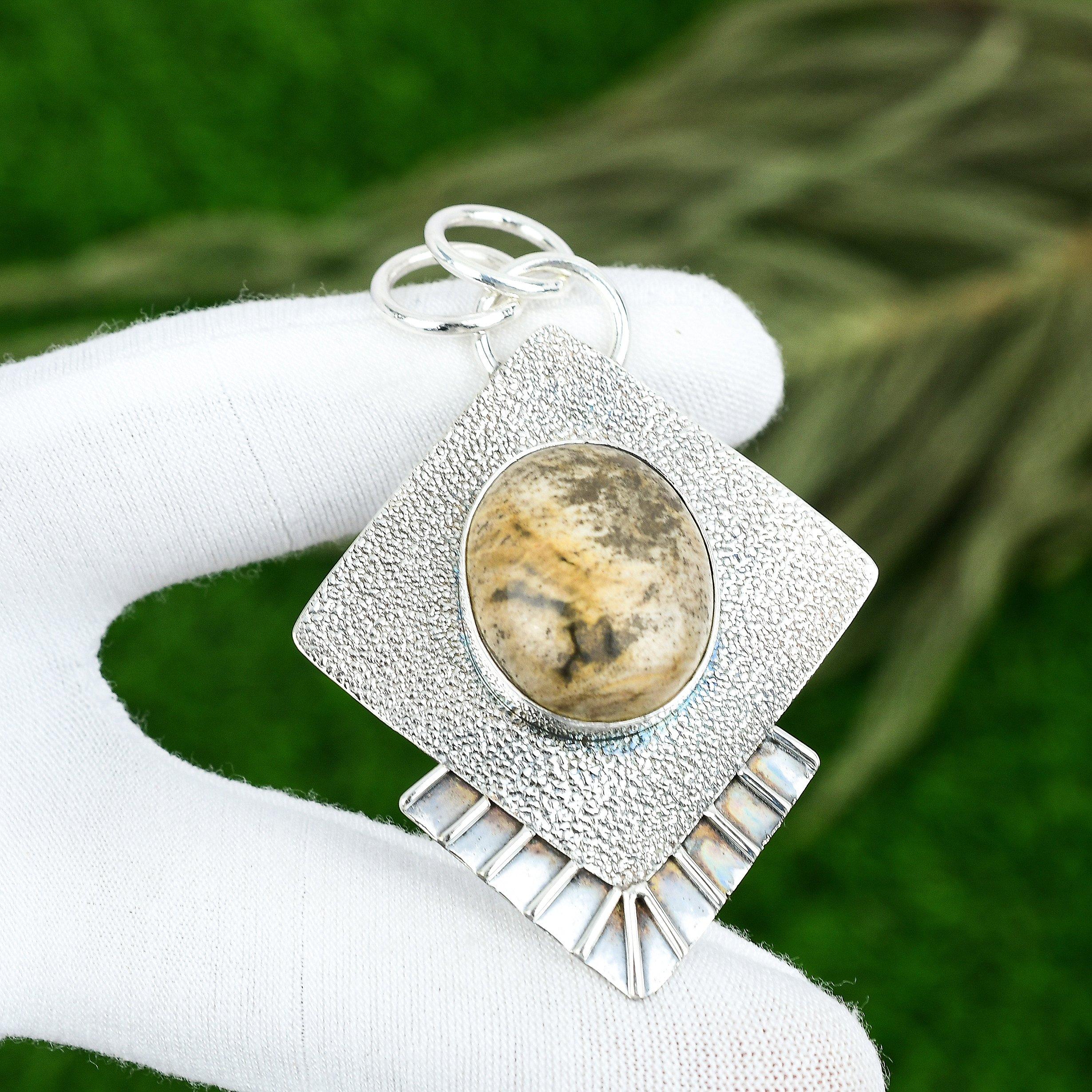 Подвеска из натурального камня Яшма Пикассо Желтая Ювелирное изделие из серебра 925 пробы