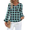 Women's Casual Fashion Ruffled V-Neck Pocket Plaid Print Long Sleeve Top