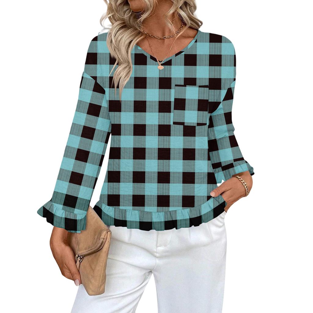 Women's Casual Fashion Ruffled V-Neck Pocket Plaid Print Long Sleeve Top