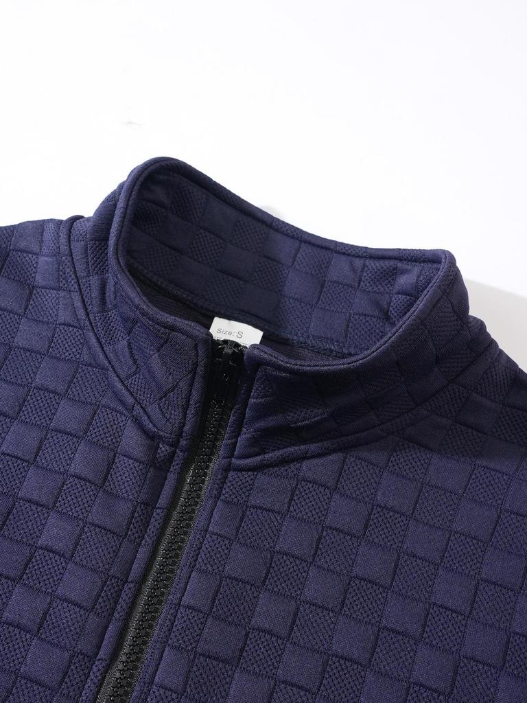 Men's Tactical Fleece Stand Collar Plaid Zipper Hoodie Jacket