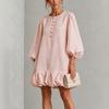 Women's Loose Fit A-Line Dress with Sleeves and Floral Buttons, Feminine