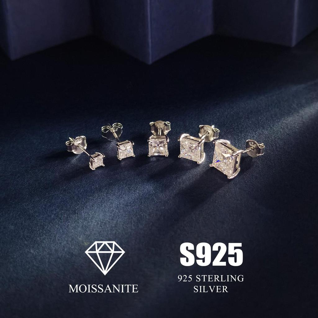 7MM MOISSANITE Square Princess Stud Earrings Unisex 925 Silver Passes Tester