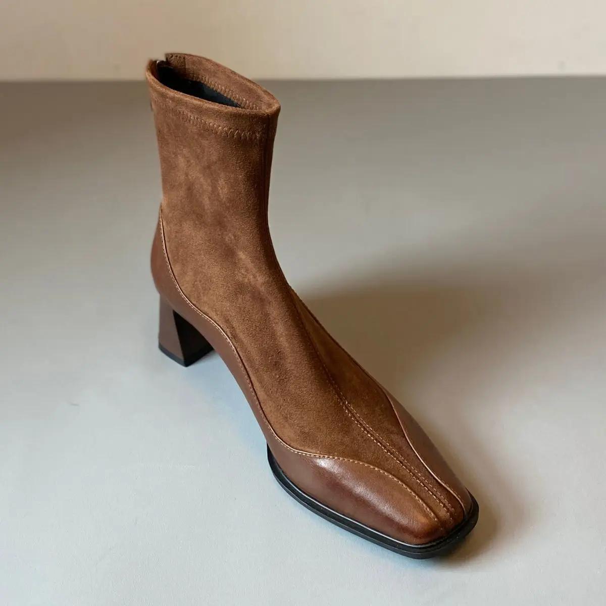 

Женские тонкие ботильоны на высоком каблуке 2025 года, модные элегантные короткие ботильоны с квадратным носком, осенне-зимние женские туфли на высоком каблуке в уличном стиле 40 коричневый