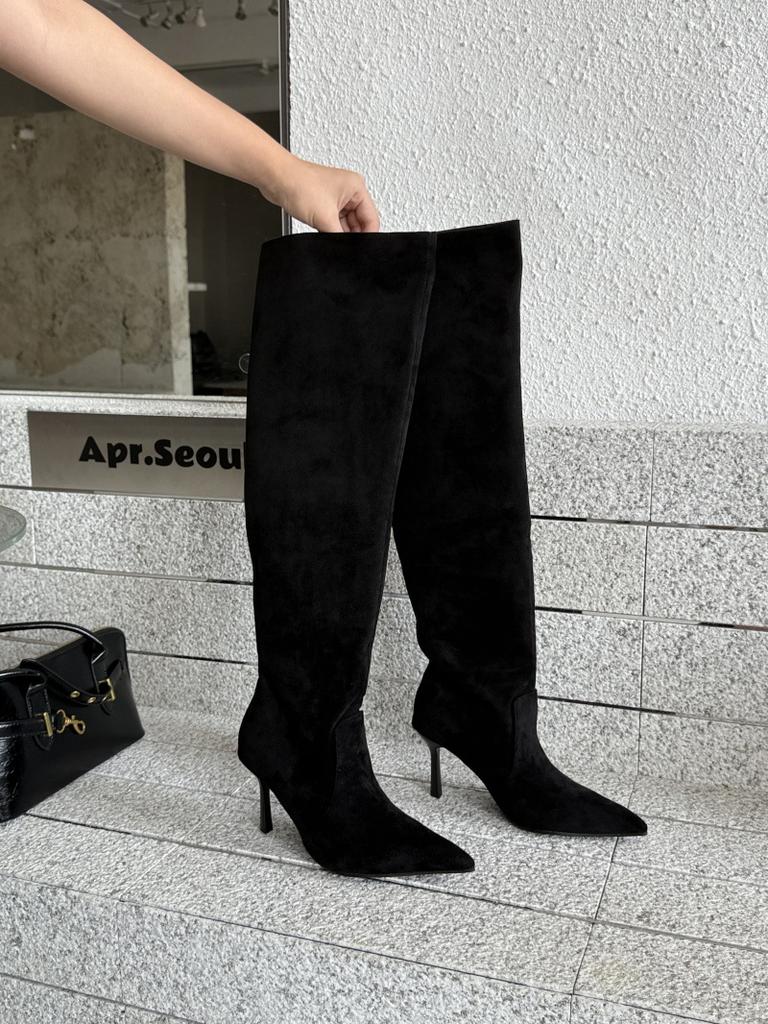 2025 New Fashion Boots Autumn and Winter New Big Tube Circumference Stacking Boots Pointed Pleated Thin Heel High Boots Spice Girl Boots