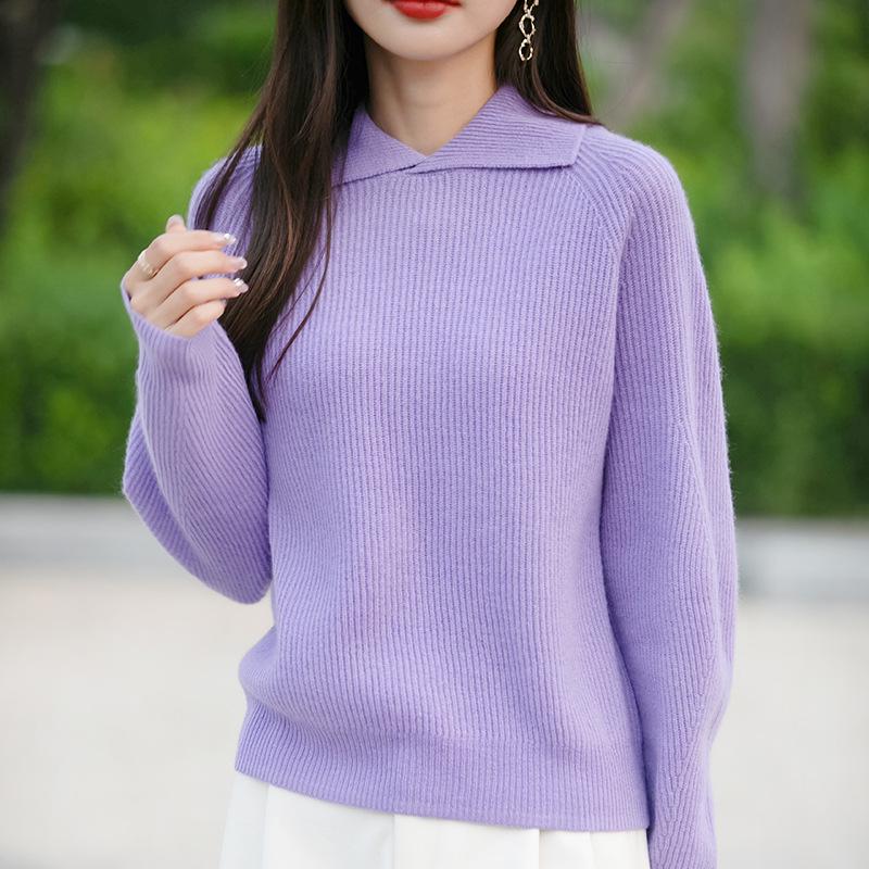 

Женский вязаный свитер с воротником поло в стиле ретро 2025 - Повседневный, свободный и утолщенный топ с лацканами Medium лиловый