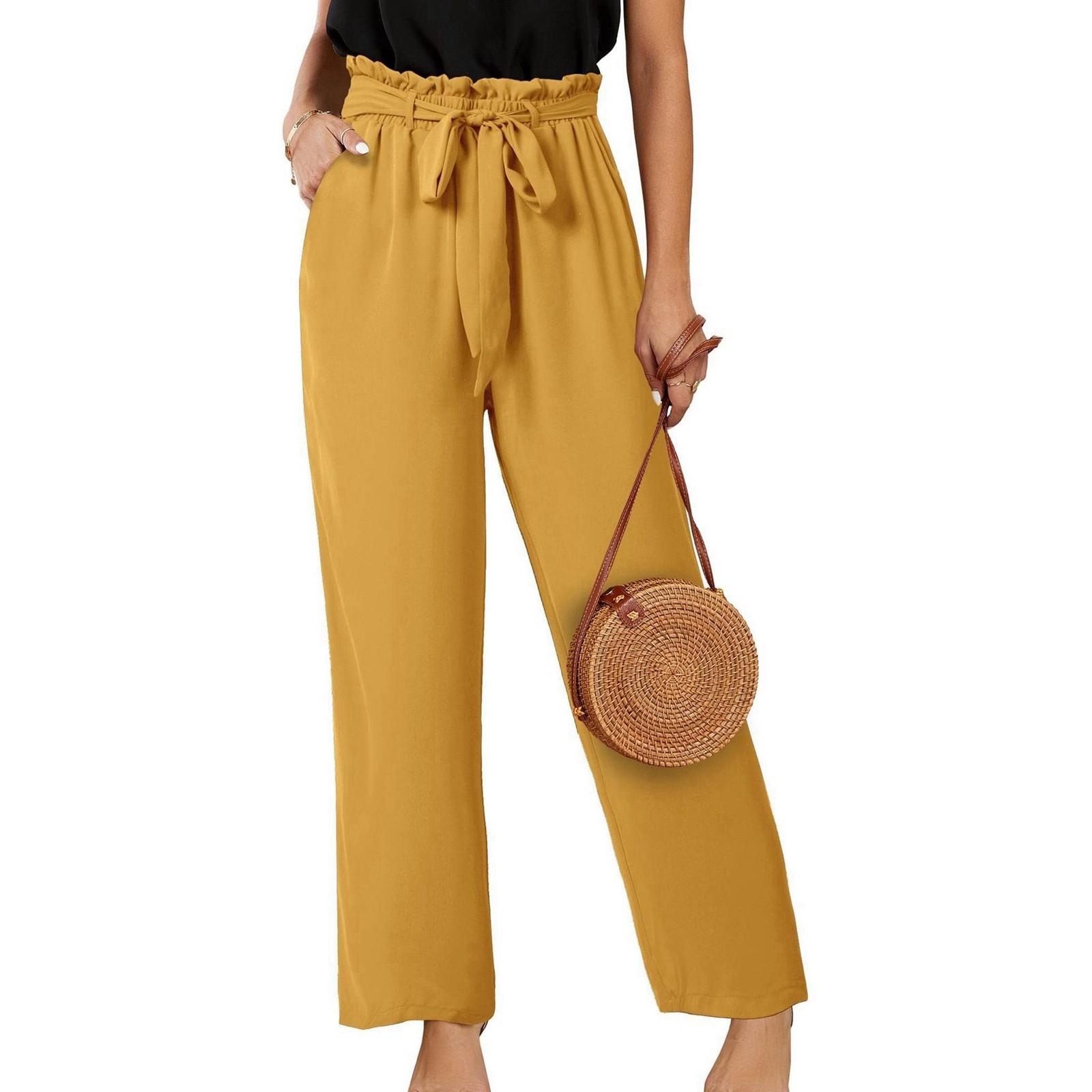 

Women High Waisted Palazzo Pants Belted Wide Leg Long Trousers With Pockets XL жовтий