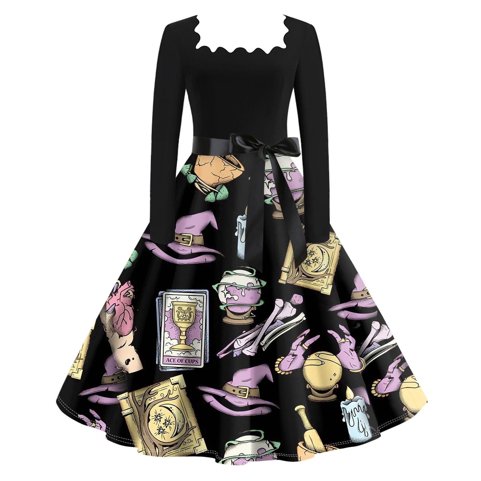 

Женское повседневное модное винтажное платье с длинным рукавом и принтом на Хэллоуин XL хаки