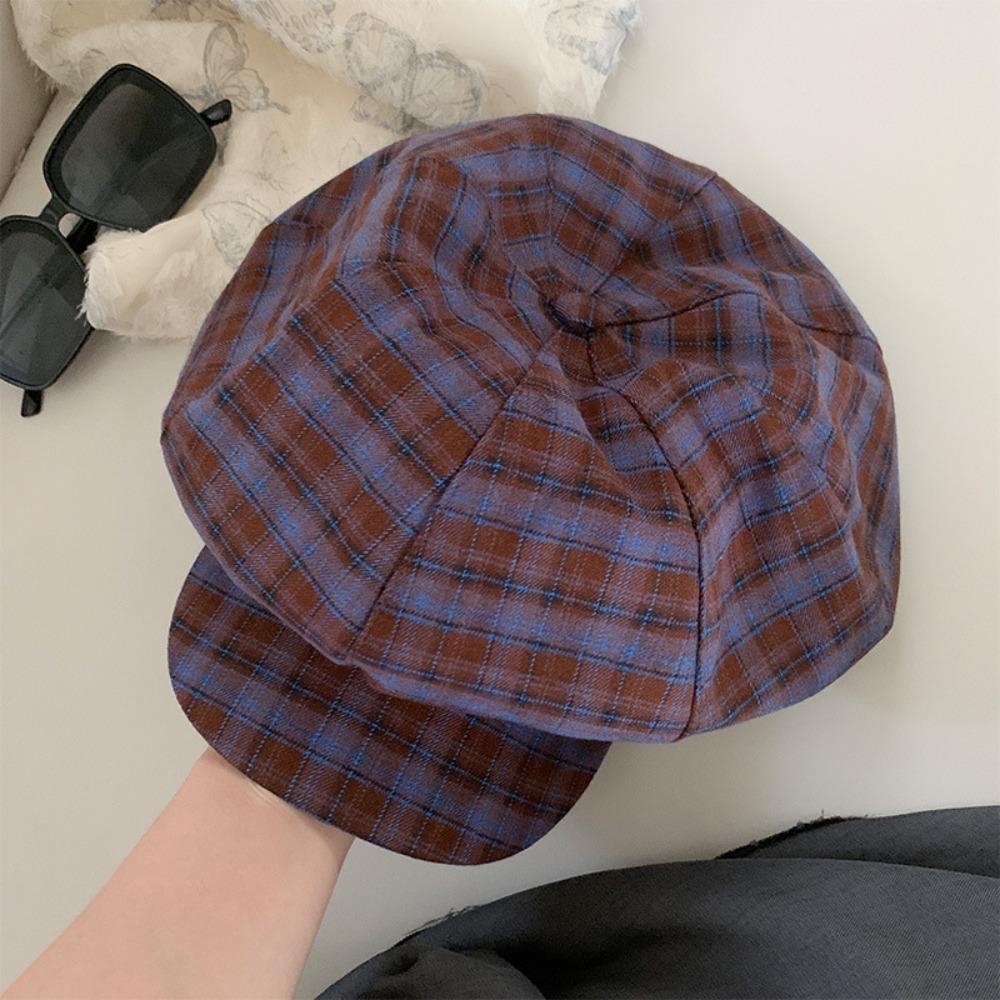 Polyester Plaid Cloud Cap Cotton Women Octagonal Hat Casual Grid Beret Cap  School