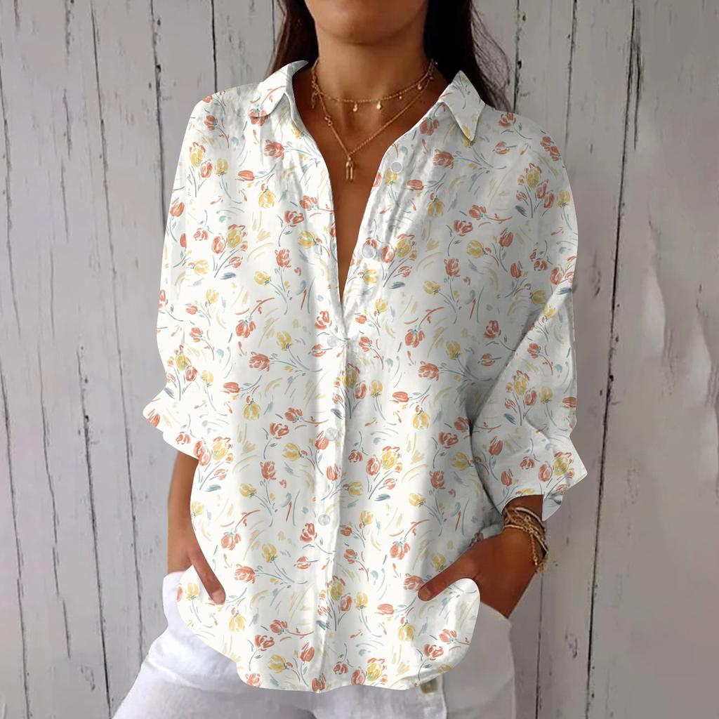 Women's Fashion Seven Sleeve Casual Lapel Back Tie Shirt Printed T-Shirt Top