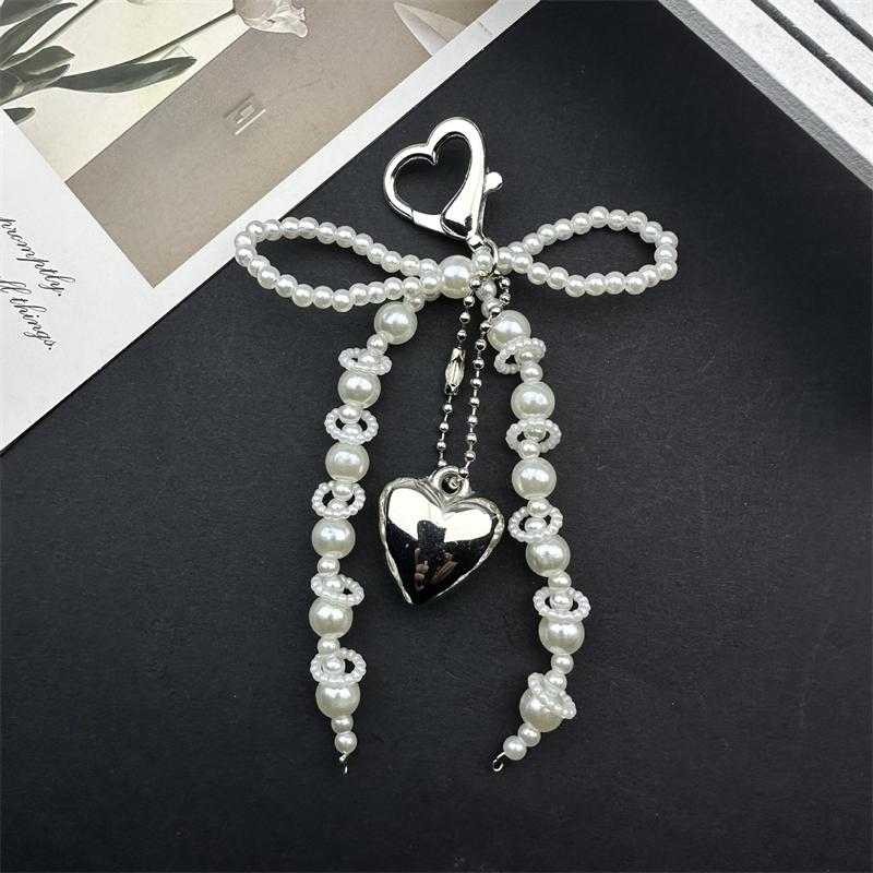Double-layer Sweet Lovely Beaded Bowknot Heart Keychain Pendant Hanging Decor Keyring Lanyard Phone Charm Bag Pendant Supplies