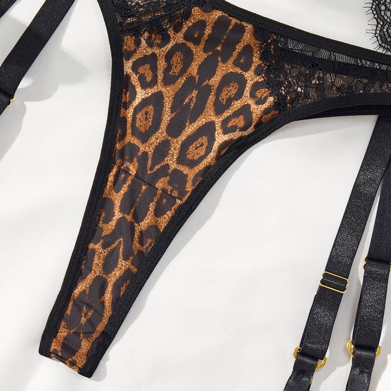 Sexy Women’s Leopard Print Lingerie Set Lace Patchwork Underwear Low Cut Push Up Three Piece Set