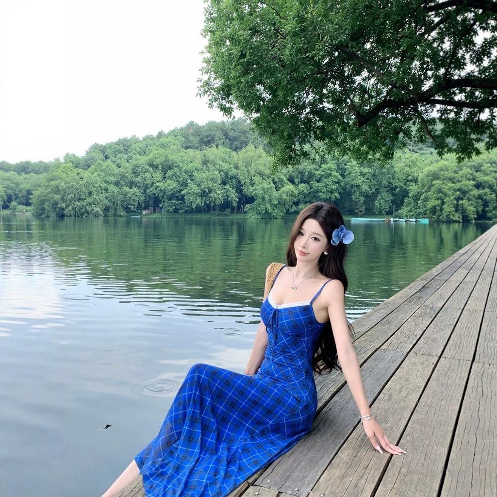 (Exclusive) Summer Beautiful Small Skirt Blue Plaid Suspender Dress, Summer New Long Dress Women's Clothing