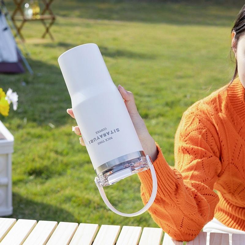 JUSTINLAU 600/900ml Insulated Cups Stainless Steel Thermos Cup with Handle & Straw Outdoor Travel Water Bottle Car Ice Tumbler