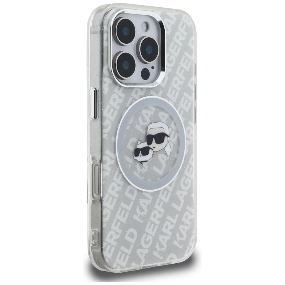 Karl Lagerfeld IML Glitter Karl & Choupette Heads Logo MagSafe Case for iPhone 16 Pro Max Gray
