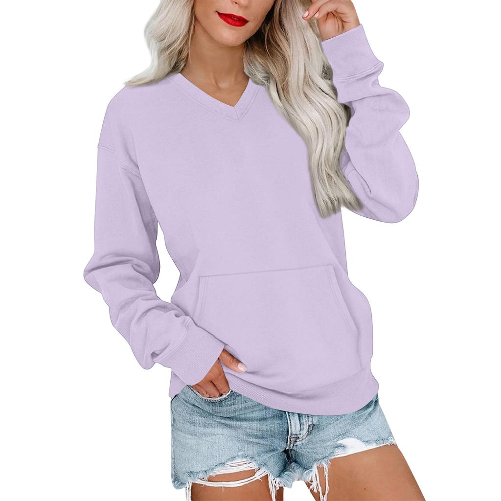 Women's Casual Fashion Solid Color V-Neck Long Sleeve Sweatshirt Lightweight Pullover With Pockets Warm Sweatshirt