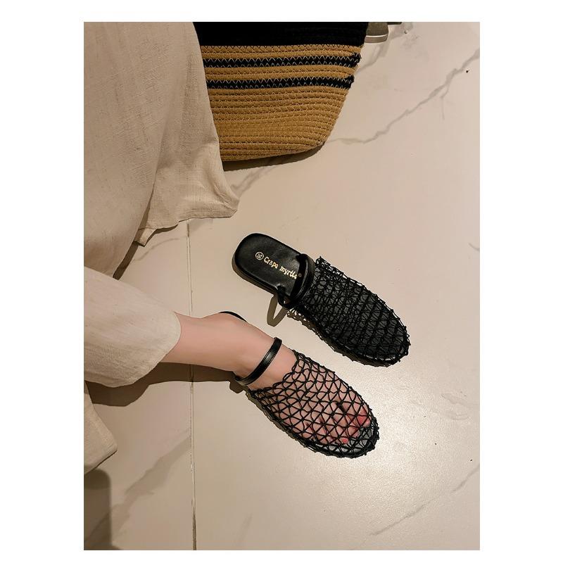 Flat-bottomed slippers summer fashionable hollow mesh word with beach bag head half slippers women