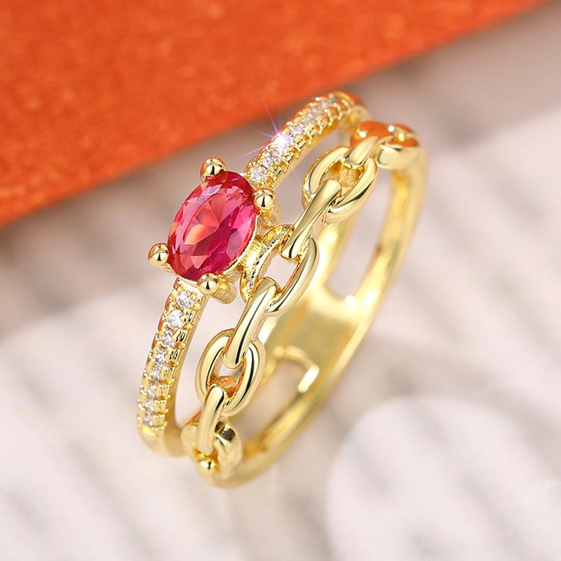 Huitan Newly Designed Red Cubic Zirconia Women Rings Statement Chain Design Gold Color Female Rings for Wedding Party Jewelry