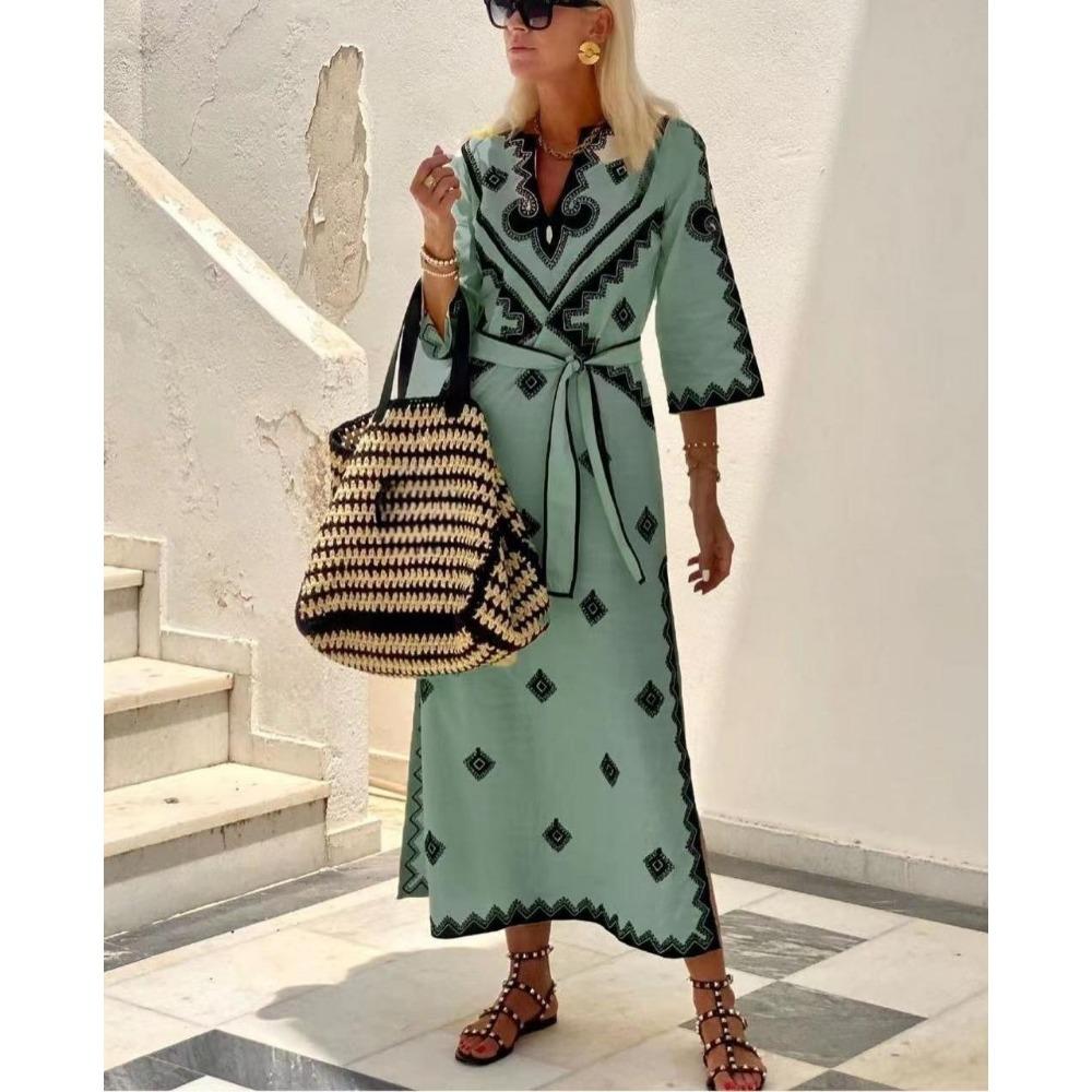 

IHUASU Осенне-зимнее платье из конопли в богемном стиле с принтованным поясом для женщин XXL оливковое зеленый