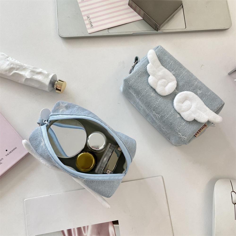 small cute Travel Makeup Case Purse Cute Angel Wings Women's Storage Bag Star Bowknot Female Denim Cosmetic Bags