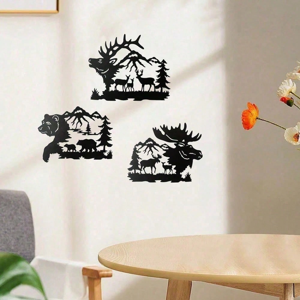 Metal Elk Bear Moose Mountain Forest Silhouette Metal Wall Art Rustic Cabin Outdoor Decor Set
