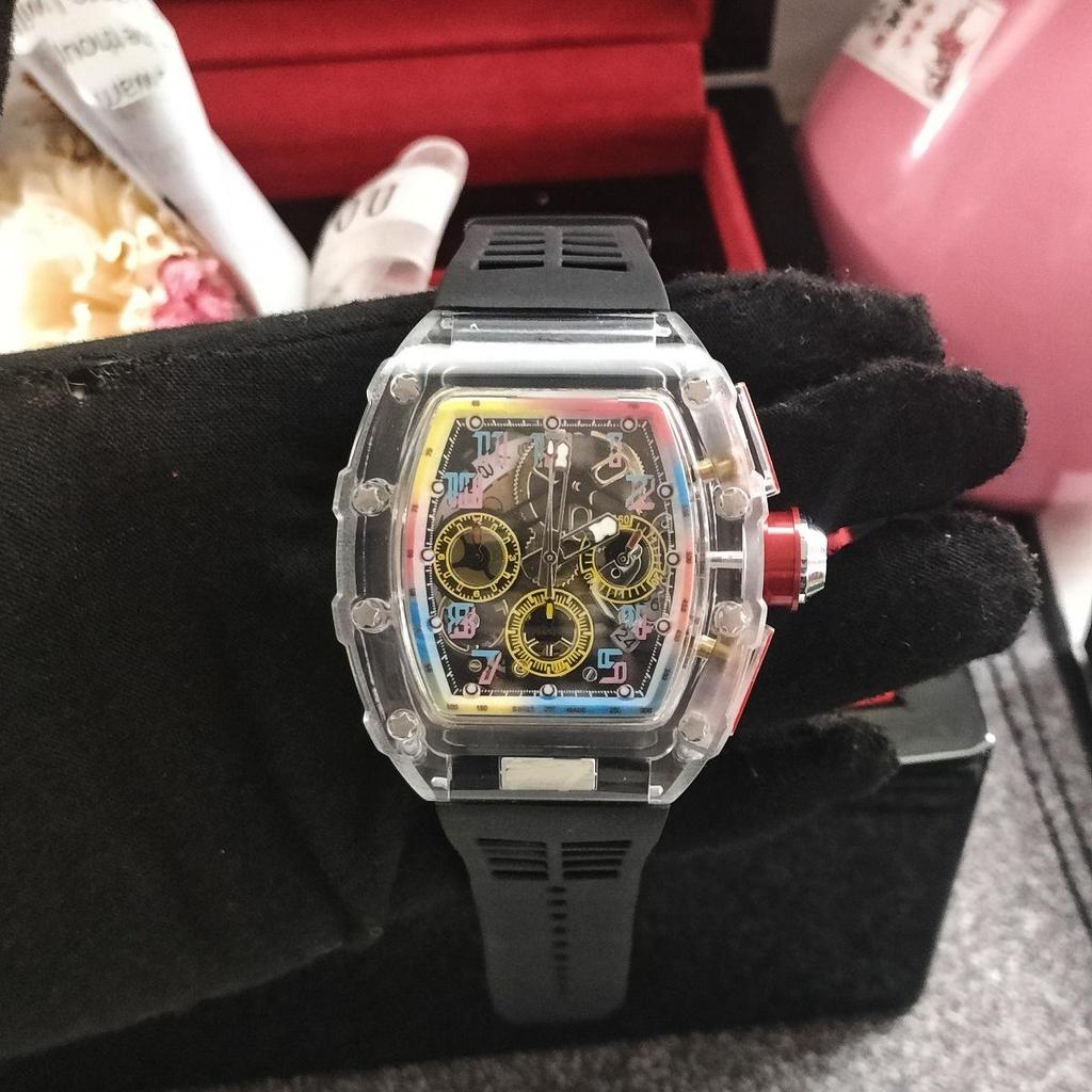 Colorful Transparent Multifunctional Chronograph Quartz Watch with Calendar and Tourbillon for Men and Women