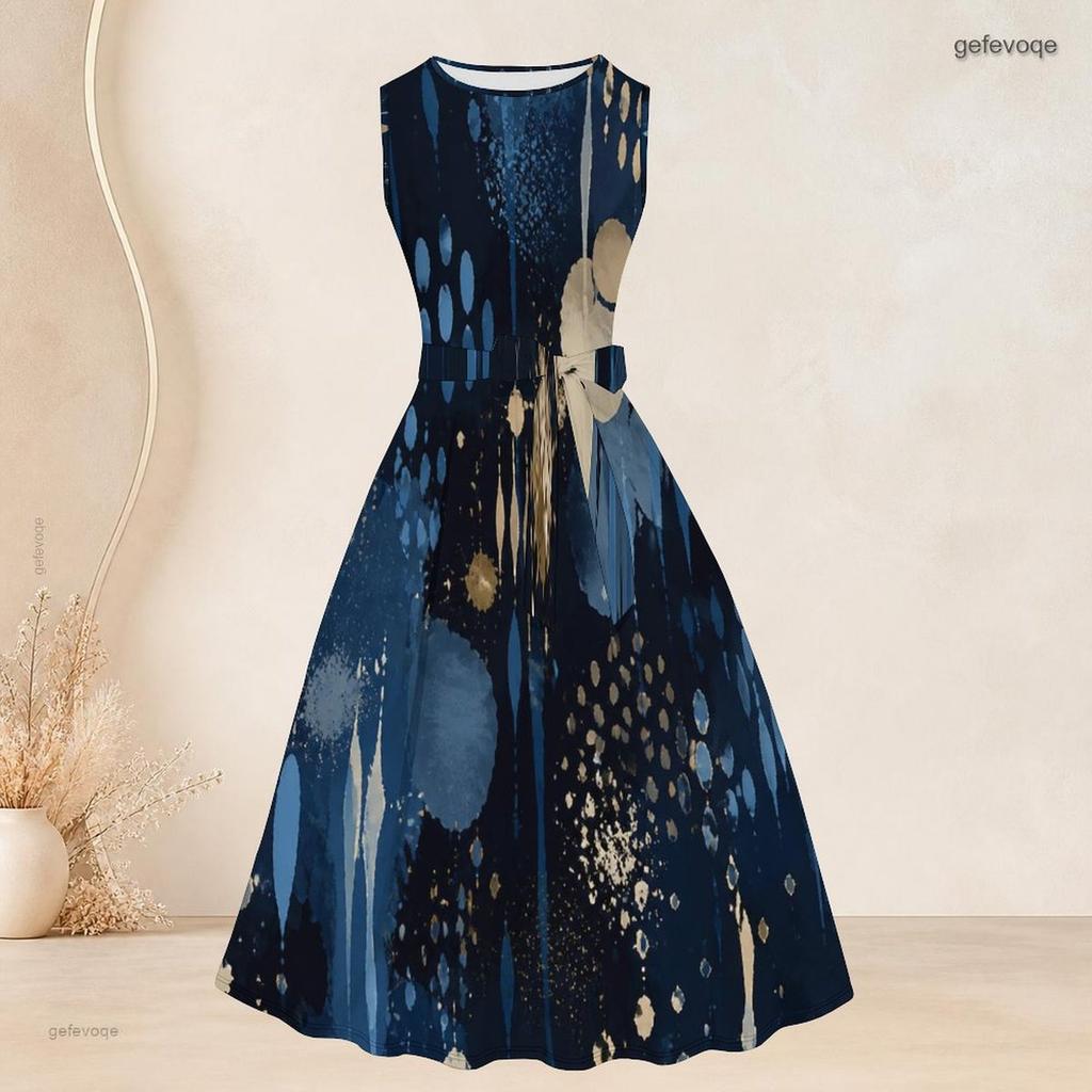 Women Plus Size Two Piece Set Printed Dark Blue Three Quarter Sleeve Open Cardigan Sleeveless Tie Waist Flared Dress