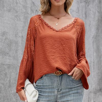 Women's Blouse Spring and Autumn Solid Colour Splicing Lace Hollow V-neck Long-sleeved Top