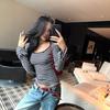 Korean Design Sense Chic Hollow Backless Long-sleeved T-shirt Women's Autumn Pure Desire Hot Girl Sexy Striped Tights