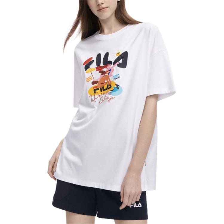 Fila American Vintage Illustration Print Crew Neck Casual Short Sleeve Drop Shoulder T-Shirt Women T-Shirt White F11W329107F-WT