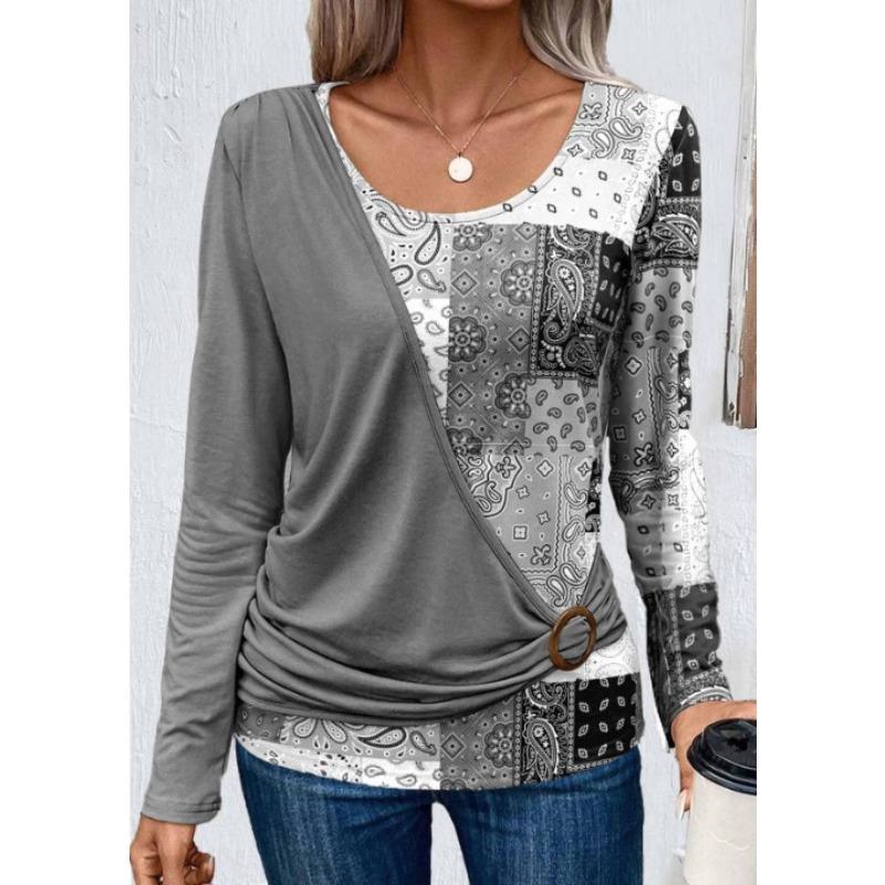 Frühlings- und Herbst-Damenbluse, bedruckt, einfarbig, Spleißen, lässiges Langarm-T-Shirt