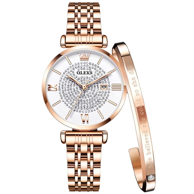 

OLEVS watch ladies arm clock simple casual date waterproof rose gold diamond dial double door type present gift wine red