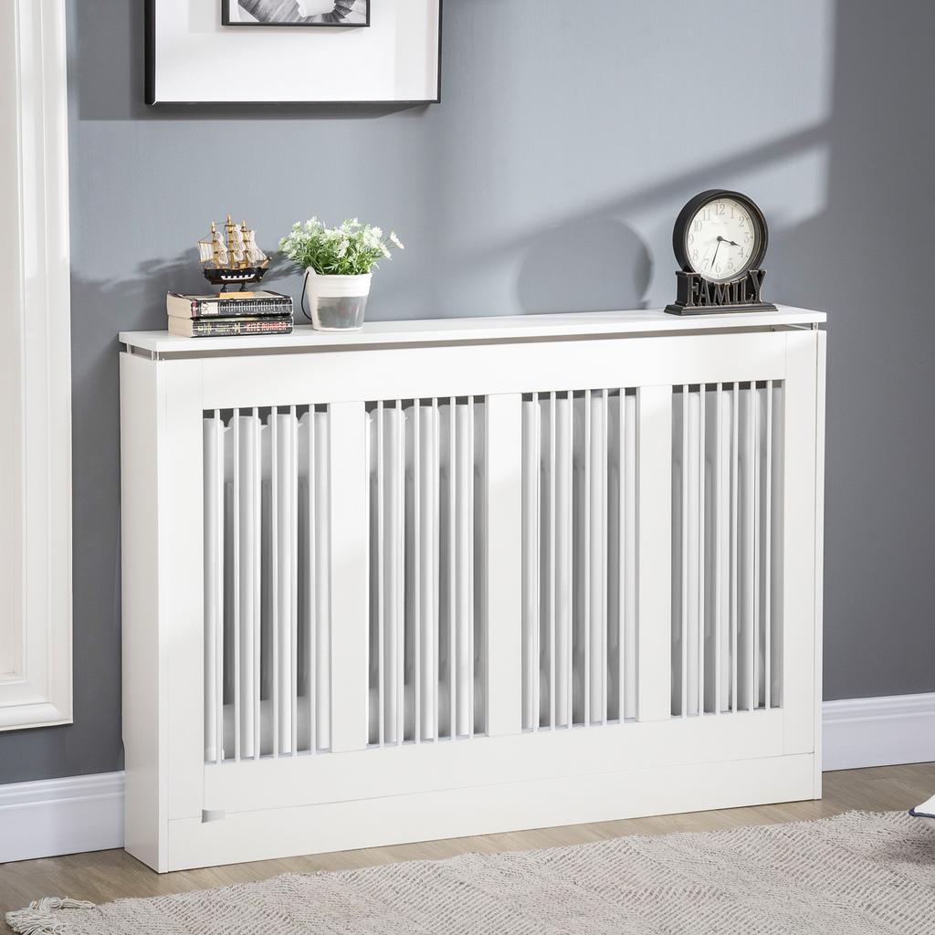 Modern and Elegant Slatted Radiator Cover for the Home, in MDF and Steel, 120x18x84cm, White