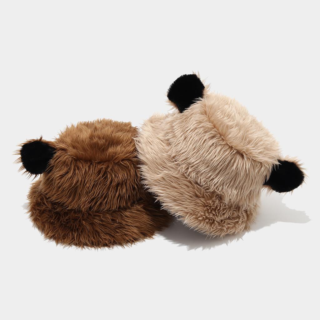 Women Winter Faux Fox Fur Bucket Hat Plush Bear Ear Thick Warm Cap Sweet Cool Outdoor Travel Hat