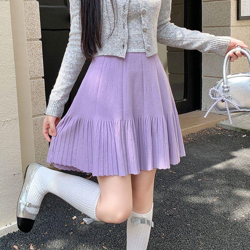 Women's Knit Mini Skirt Spring and Autumn High-waist Pleated Skater Skirt Knit Short Skirt
