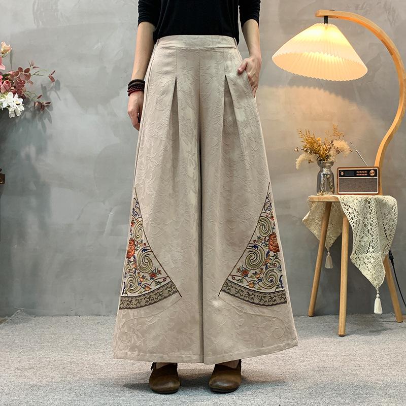 New Chinese Jacquard Ethnic Cotton-Linen Women's Skirt-Pants: Loose, Retro, Wide-Leg Trousers