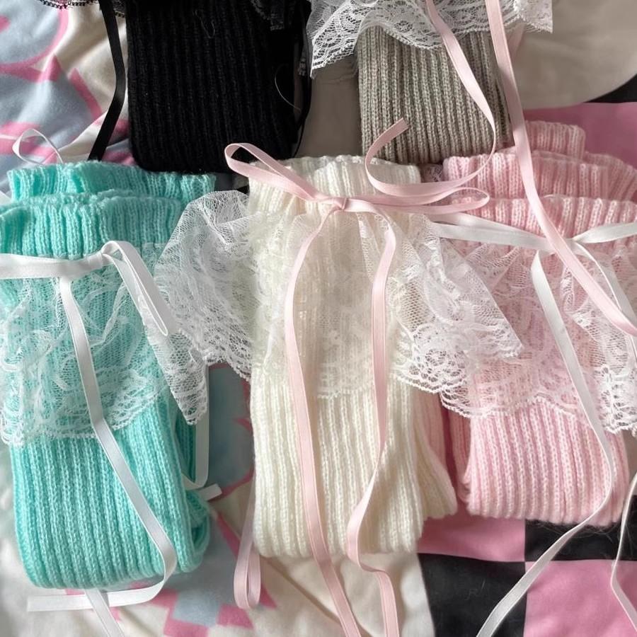 1pair Knitted Lace Leg Warmers Autumn and Winter Ribbon Lolita White Knee Warmers Long Socks JK Knitted Girl White Leg Warmers